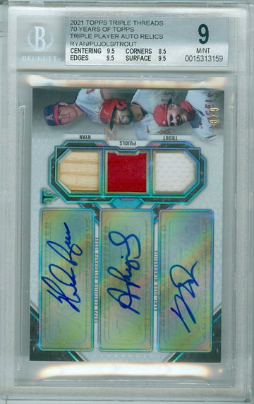 Nolan Ryan Albert Pujols Mike Trout 2021 Topps Triple Threads 70 Years of Topps Auto Relics /9 BGS 9 Auto 10