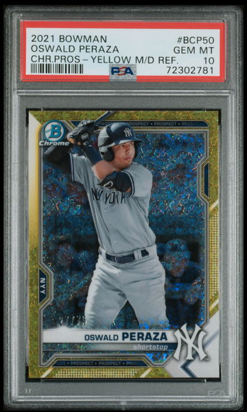 2021 Oswald Peraza Bowman Chrome Prospect /75 Yellow Shimmer PSA 10 GEM MINT
