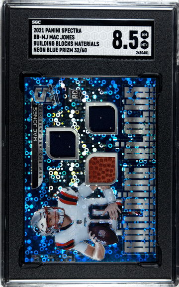 2021 Panini Spectra Mac Jones Building Blocks Neon Blue Prizm 32/60, SGC 8.5 RE-GRADE
