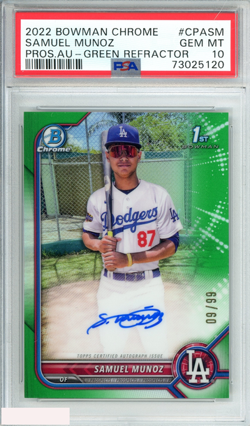 2022 BOWMAN CHROME SAMUEL MUNOZ#CPASM PROS AU-GREEN REF 9 OF 99 RC PSA 10 GEM MT
