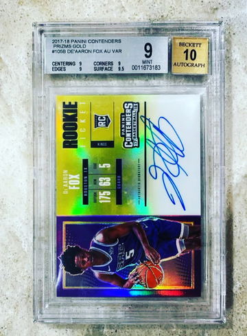 2017 De’Aaron Fox Gold Panini Contenders /10 Rookie Ticket Prizm RC BGS 9/AUTO 10 Mint
