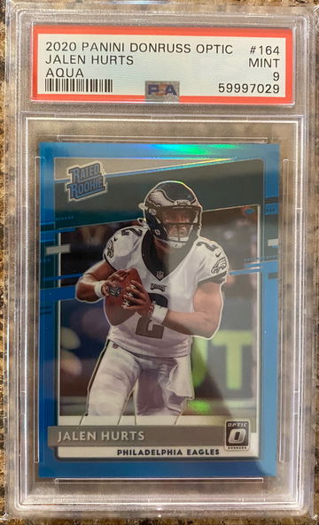 2020 Optic Jalen Hurts Aqua /299 Rookie Card PSA 9