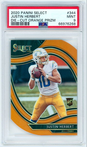 2020 Panini Select #344 Justin Herbert Die-Cut Orange Prizm (PSA 9) Rookie | Chargers (NFL) Field Level