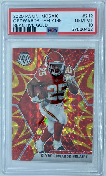 2020 Panini Mosaic Clyde Edwards-Helaire Reactive Gold #212 Gem Mint PSA 10