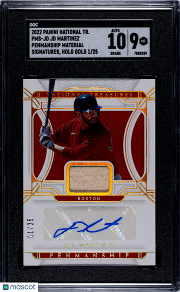 2022 Panini National Treasures JD Martinez #PMS-JD Penmanship Mat. Sigs. Holo Gold SGC 9 Auto 10