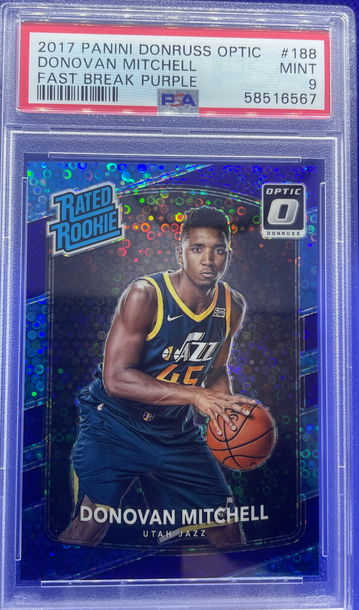 2017-18 Panini Donruss Optic Fast Break Purple /155 Donovan Mitchell PSA 9 Mint rookie