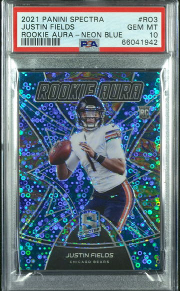 2021 Panini Spectra Justin Fields Rookie Aura Neon Blue 39/60 PSA 10 Gem Mint RC