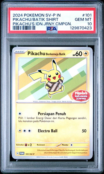 2024 Pokemon Scarlet and Violet Promo Indonesian Pikachu's Indonesian Journey Campaign Pikachu In A Batik Shirt #101SVP PSA 10