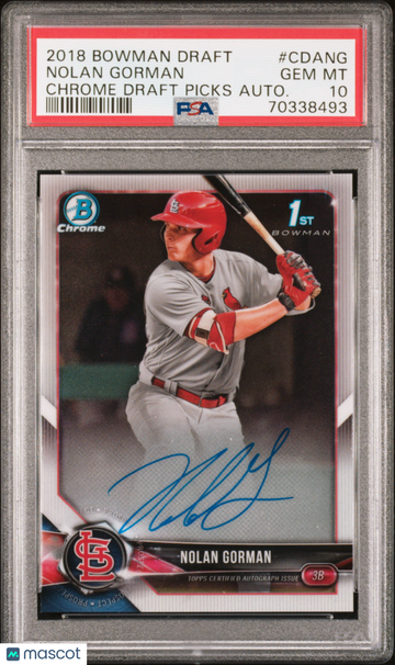 2018 Bowman Draft Chrome Draft Picks Autographs Nolan Gorman #CDANG Autograph PSA 10