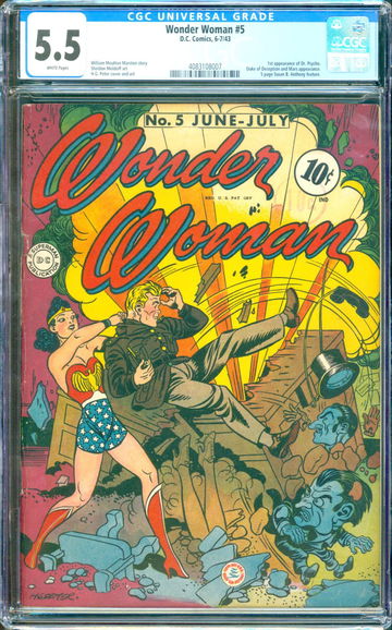 Wonder Woman #5 (1943) CGC 5.5 -- White pages; 1st Dr. Psycho app.; W.M. Marston
