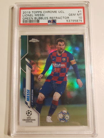 2019 Topps Chrome UEFA Champions League LIONEL MESSI #1 Green Bubbles Refractor PSA 10 