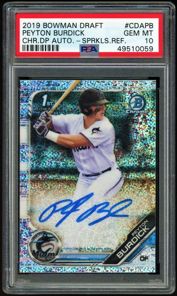 2019 Bowman Chrome PEYTON BURDICK Sparkles Refractor Auto RC #70/71 PSA 10 Miami Marlins