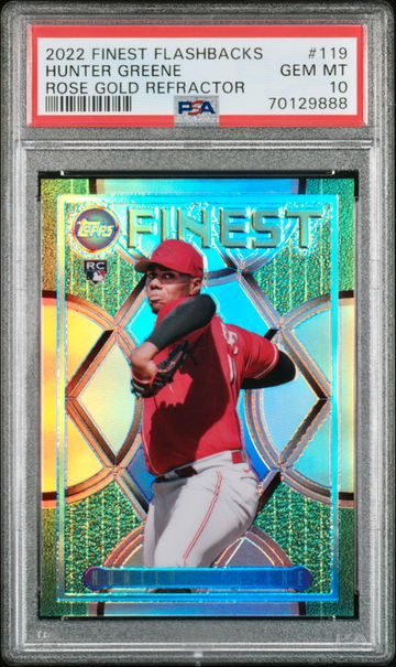 2022 Topps Finest Flashbacks Hunter Greene Rose Gold Refractor 3/15 Rookie SSP RC PSA 10 Gem Mint