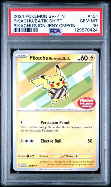 2024 Pokemon Sv P In Pikachu's Indonesian Journey Campaign Pikachu In A Batik Shirt #101SVP PSA 10