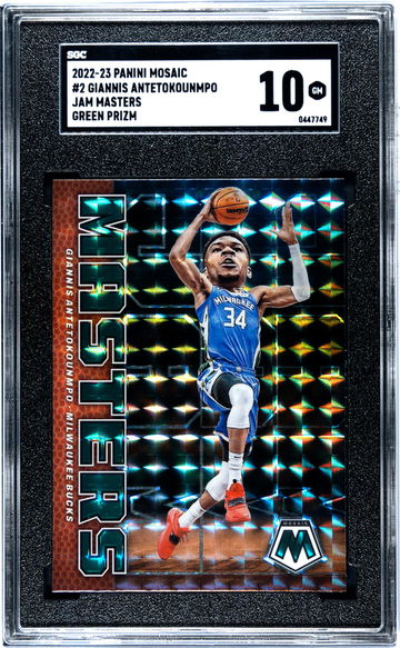 2022-23 Panini Mosaic #2 Giannis Antetokounmpo Jam Masters Green Prizm SGC 10