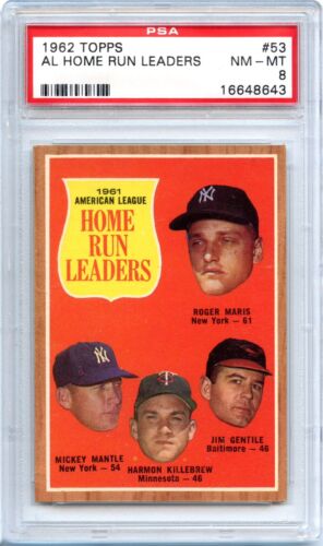 1962 TOPPS AL HOME RUN LEADERS ROGER MARIS MICKEY MANTLE KILLEBREW #53 PSA 8