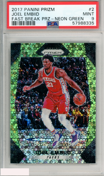 2017 PANINI PRIZM JOEL EMBIID #2 FAST BREAK PRZ-NEON GREEN PSA 9 MINT