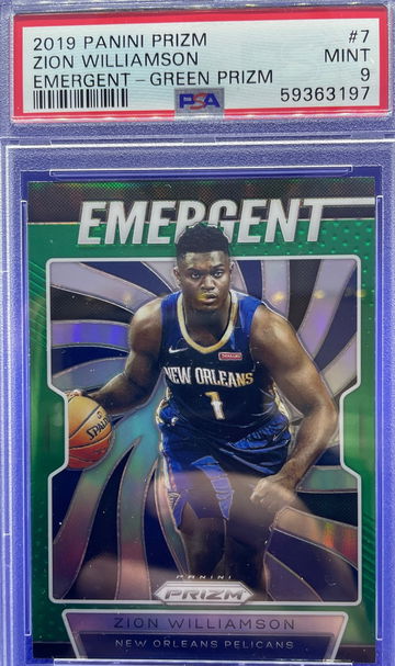 2019-20 PANINI PRIZM ZION WILLIAMSON RC EMERGENT #7 GREEN PRIZM PSA 9 MINT