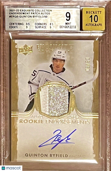 /50 POP 1 BGS 9 10 RPA Quinton Byfield 2021-22 Exquisite Gold Rookie Patch Auto