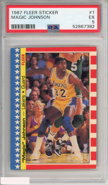 1987 FLEER STICKER MAGIC JOHNSON #1 HOF LOS ANGELES LAKERS PSA 5 EX