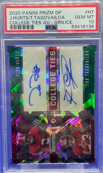 2020 PANINI PRIZM DRAFT JALEN HURTS TUA TAGOVAILOA COLLEGE TIES RC DUAL AUTO /18 PSA 10 GEM MINT ALABAMA