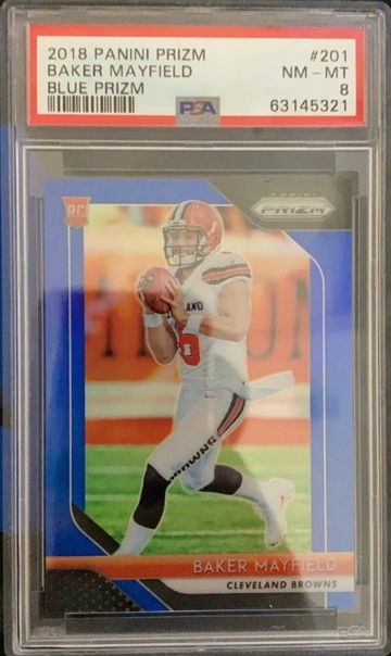 2018 Prizm Baker Mayfield Blue Prizm PSA 8