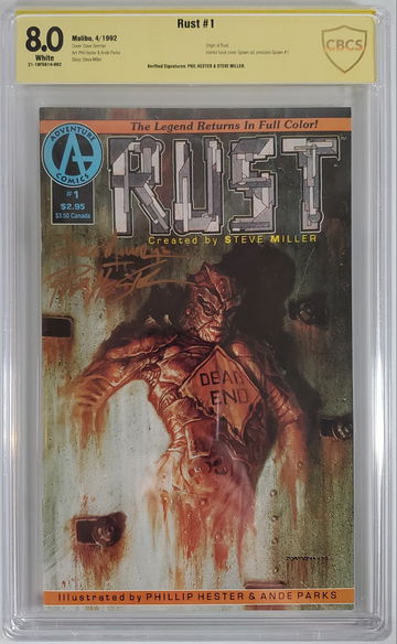 Rust #1 CBCS Signature 8.0 Origin of Rust; Spawn app interior back cover pre-dates Spawn #1