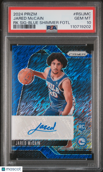 2024 Panini Prizm Rookie Signatures Jared Mccain #RSIJMC RK Blue Shimmer Fotl PSA 10