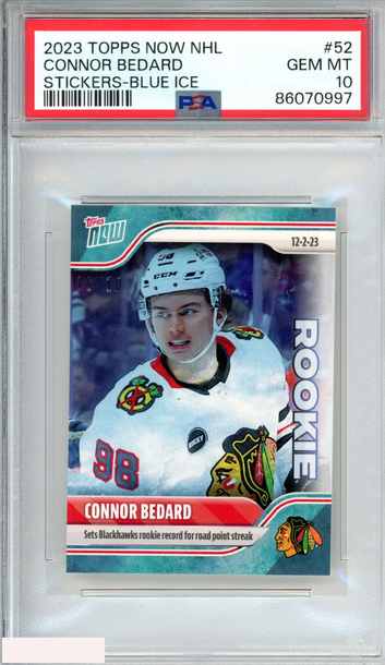 2023 TOPPS NOW NHL STICKERS CONNOR BEDARD #52 BLUE ICE 6 OF 10 RC PSA 10 GEM MT