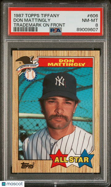 1987 Topps Tiffany Don Mattingly #606 Trademark On Front PSA 8