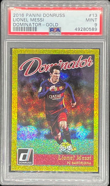 2016 Panini Donruss Lionel Messi Dominator Gold PSA 9 Mint Barcelona