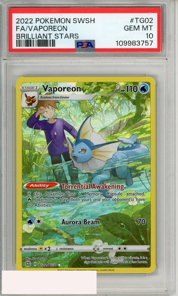 2022 POKEMON SWSH BRILLIANT STARS FA VAPOREON #TG02 PSA 10 GEM MT