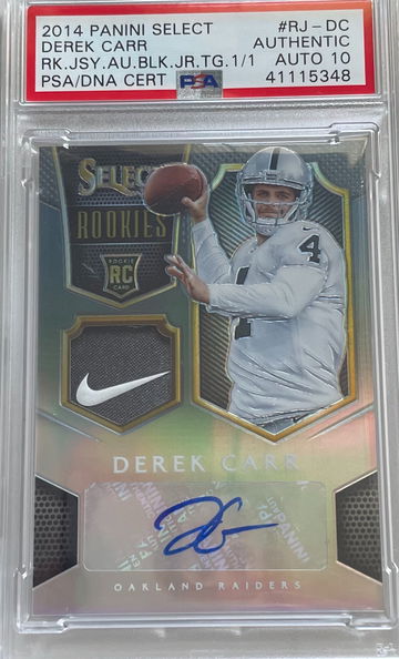 2014 Derek Carr select 1/1 rookie patch auto 