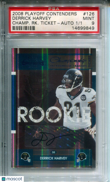 2008 Playoff Contenders Derrick Harvey #126 Champ. RK. Ticket Auto /1 PSA 9