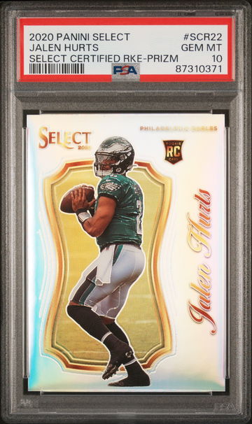 2020 PANINI JALEN HURTS SELECT SELECT CERTIFIED ROOKIES SELECT CERTIFIED RKE-PRIZM #SCR22 PSA 10