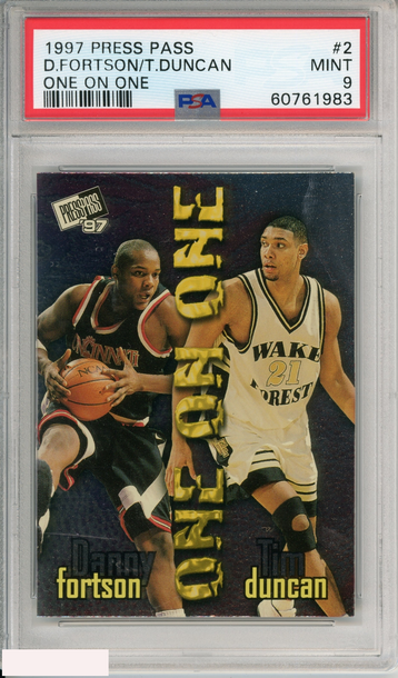 1997 PRESS PASS DANNY FORTSON TIM DUNCAN #2 ONE ON ONE SPURS ROOKIE RC HOF PSA 9