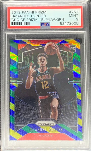 2019 Panini Prizm Deandre Hunter Rookie Choice Prizm Blue/Yellow/Green PSA 9 Mint