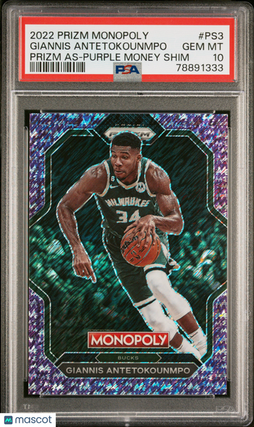 2022 Panini Prizm Monopoly Prizm All-Stars Giannis Antetokounmpo #PS3 As Purple Money Shim PSA 10