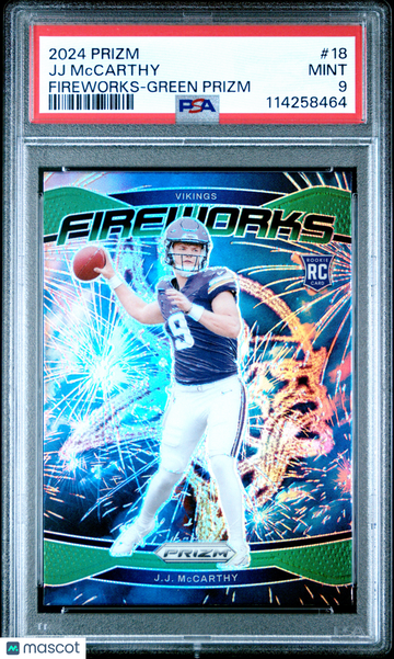 2024 Panini Prizm Fireworks JJ Mccarthy #18 Green PSA 9
