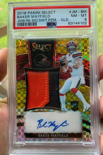Baker mayfield 2018 select gold rookie patch auto /10 psa 8