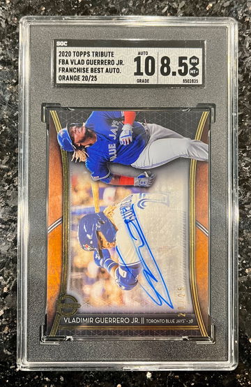 2020 Topps Tribute VLADIMIR GUERRERO JR On-Card Auto Shadow Box Franchise Best (Orange) #20/25 SGC 8.5/10