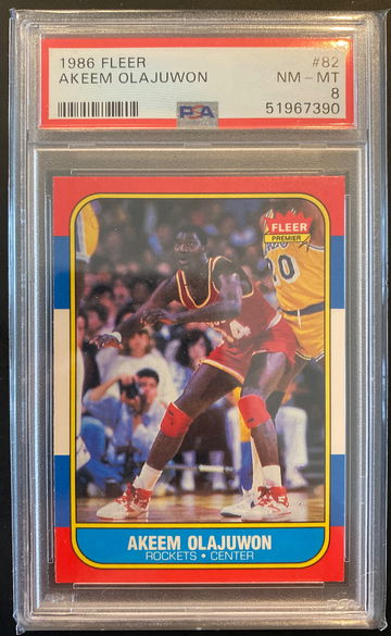 1986 Fleer #82 Akeem Olajuwon Rookie PSA 8 NM-MINT. Houston Rockets