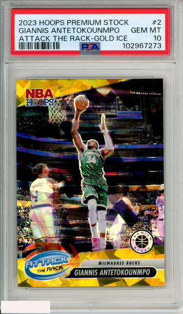 2023 PANINI HOOPS PREM STK ATTACK THE RACK G ANTETOKOUNMPO #2 GOLD ICE PSA 10