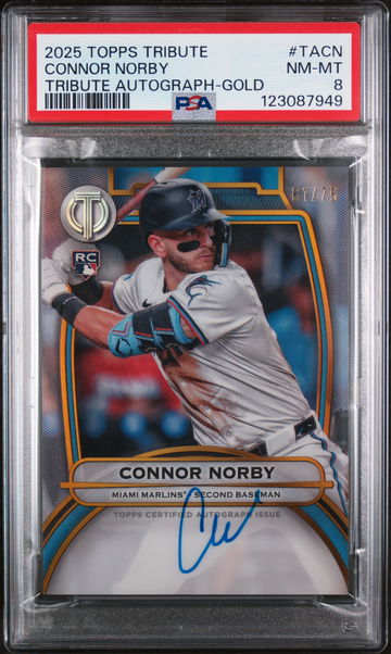 2025 Topps Tribute Tribute Autographs Gold Connor Norby #TACN /75 PSA 8