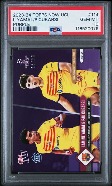 2023 TOPPS NOW UEFA UCL LAMINE YAMAL/PAU CUBARSI #/99 PURPLE #114 RC PSA 10