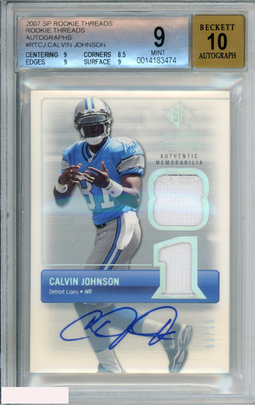 2007 SP ROOKIE THREADS PATCH AUTO CALVIN JOHNSON #RTCJ 3 OF 10 RC BGS 9 AUTO 10