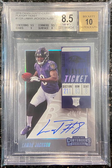 LAMAR JACKSON 2018 CONTENDERS PLAYOFF TICKET #112A ROOKIE AUTO RC /99 BGS 8.5/10