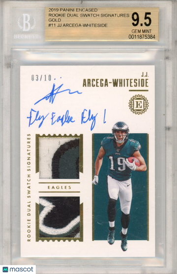 2019 Panini Encased Rookie Dual Swatch Signatures Gold JJ Arcega-Whiteside #11 /10 BGS 9.5 Auto 10