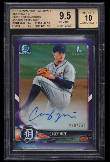 CASEY MIZE 2018 Bowman Chrome Auto Purple Refractor 239/250 BGS 9.5 /10 GEM MINT