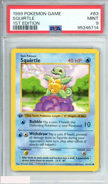 1999 POKEMON GAME SQUIRTLE #63 1ST EDITION PSA 9 MINT